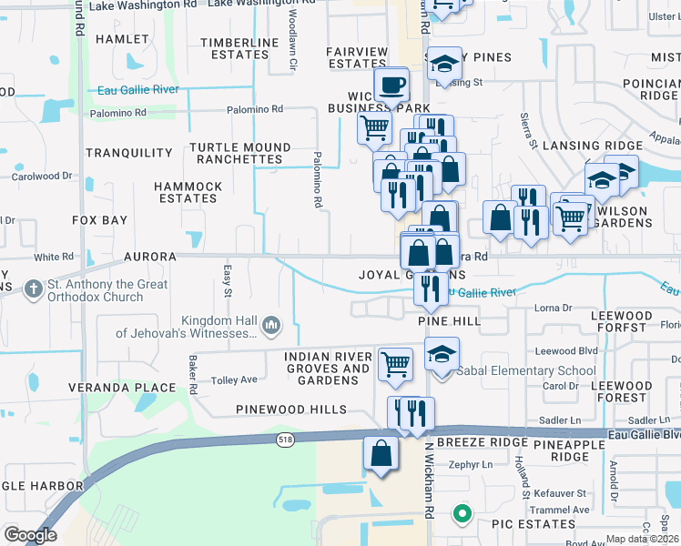 map of restaurants, bars, coffee shops, grocery stores, and more near 3235 Aurora Road in Melbourne
