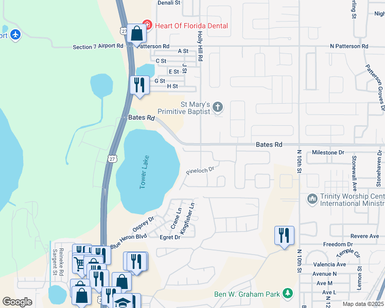map of restaurants, bars, coffee shops, grocery stores, and more near 354 Cherokee Avenue in Haines City