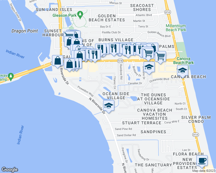 map of restaurants, bars, coffee shops, grocery stores, and more near 541 Oceanside Boulevard in Melbourne