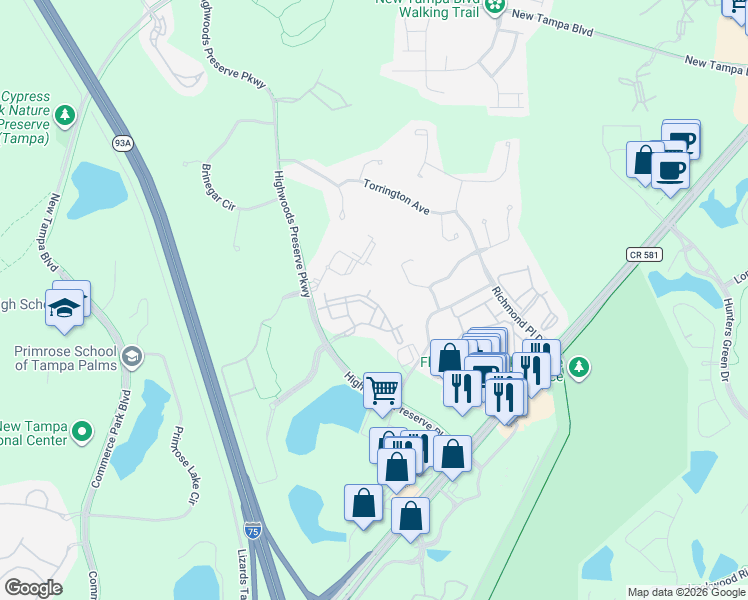map of restaurants, bars, coffee shops, grocery stores, and more near 18389 Bridle Club Drive in Tampa