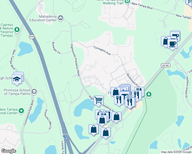 map of restaurants, bars, coffee shops, grocery stores, and more near 18389 Bridle Club Drive in Tampa