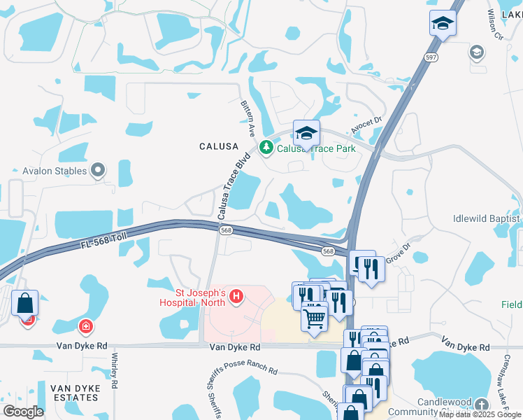 map of restaurants, bars, coffee shops, grocery stores, and more near 18101 Peregrines Perch Place in Lutz