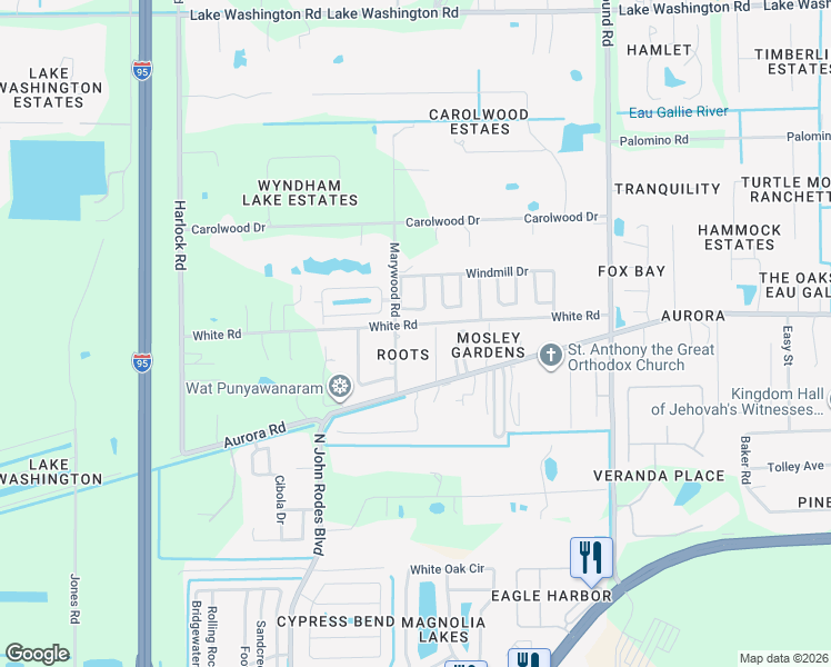 map of restaurants, bars, coffee shops, grocery stores, and more near 1745 Marywood Road in Melbourne