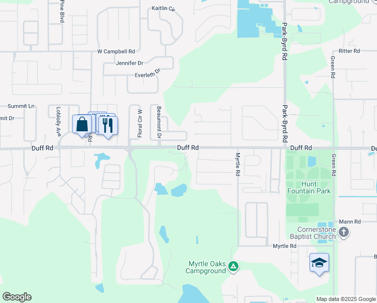 map of restaurants, bars, coffee shops, grocery stores, and more near 2502 Duff Road in Lakeland