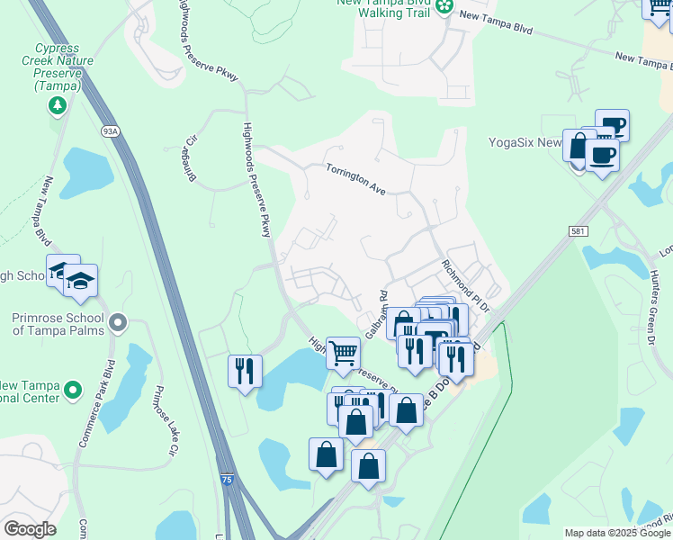 map of restaurants, bars, coffee shops, grocery stores, and more near 18337 Bridle Club Drive in Tampa