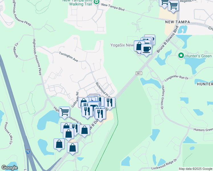 map of restaurants, bars, coffee shops, grocery stores, and more near 18001 Richmond Place Drive in Tampa
