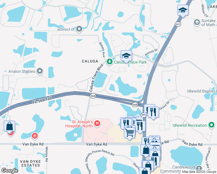 map of restaurants, bars, coffee shops, grocery stores, and more near 18106 Peregrines Perch Place in Lutz