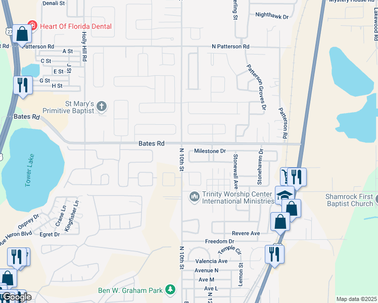 map of restaurants, bars, coffee shops, grocery stores, and more near 206 Milestone Drive in Haines City