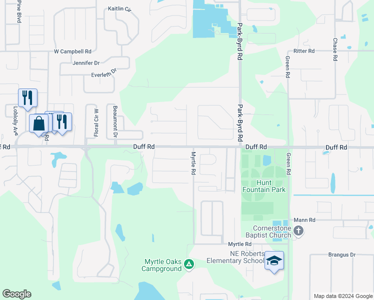 map of restaurants, bars, coffee shops, grocery stores, and more near 2308 Duff Road in Lakeland