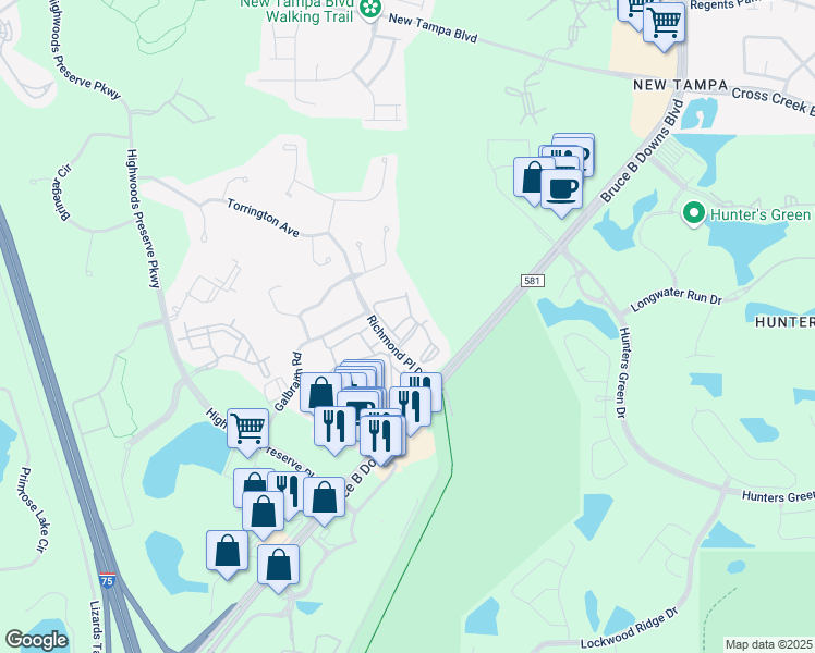map of restaurants, bars, coffee shops, grocery stores, and more near 18001 Richmond Place Drive in Tampa