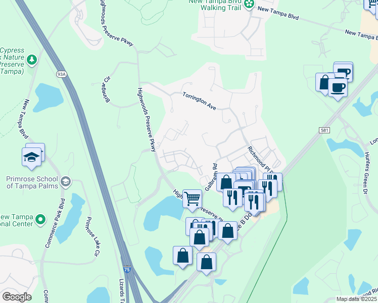 map of restaurants, bars, coffee shops, grocery stores, and more near 18389 Bridle Club Drive in Tampa