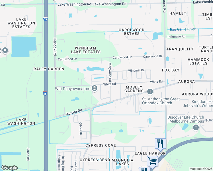 map of restaurants, bars, coffee shops, grocery stores, and more near 3167 White Road in Melbourne