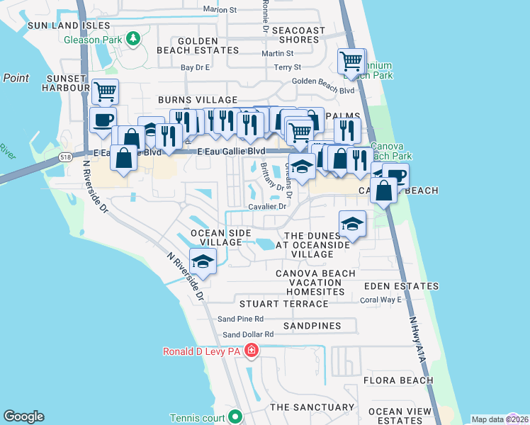 map of restaurants, bars, coffee shops, grocery stores, and more near 3201 Argo Court in Melbourne