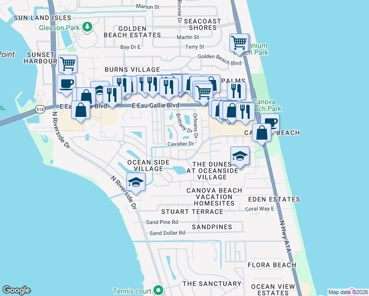map of restaurants, bars, coffee shops, grocery stores, and more near 284 Intrepid Way in Indialantic