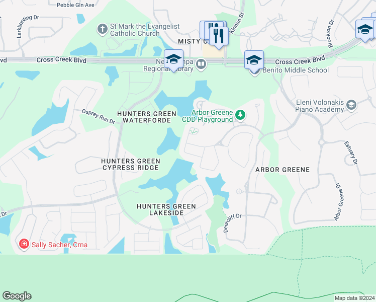 map of restaurants, bars, coffee shops, grocery stores, and more near 18015 Arbor Crest Drive in Tampa