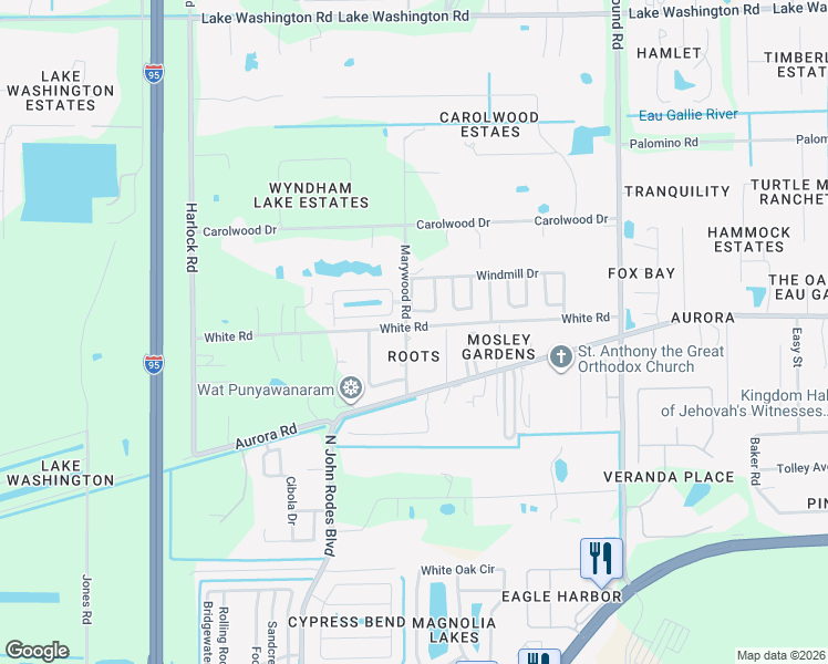 map of restaurants, bars, coffee shops, grocery stores, and more near 1745 Marywood Road in Melbourne