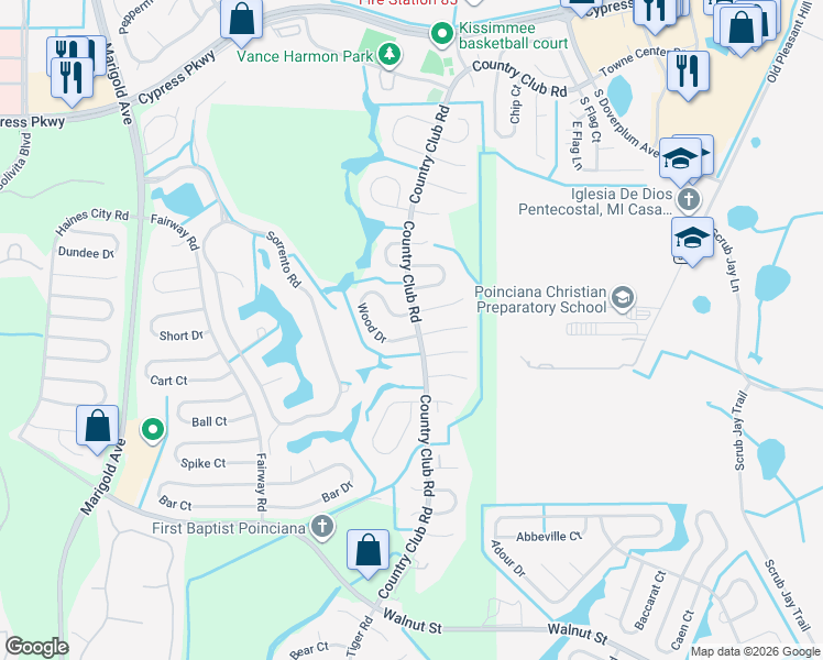 map of restaurants, bars, coffee shops, grocery stores, and more near 644 Wood Drive in Kissimmee