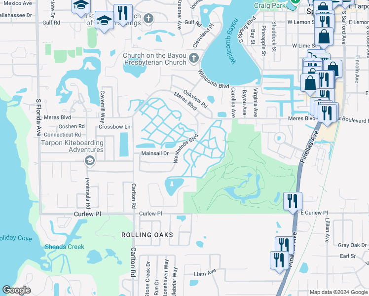 map of restaurants, bars, coffee shops, grocery stores, and more near 909 Westwinds Boulevard in Tarpon Springs