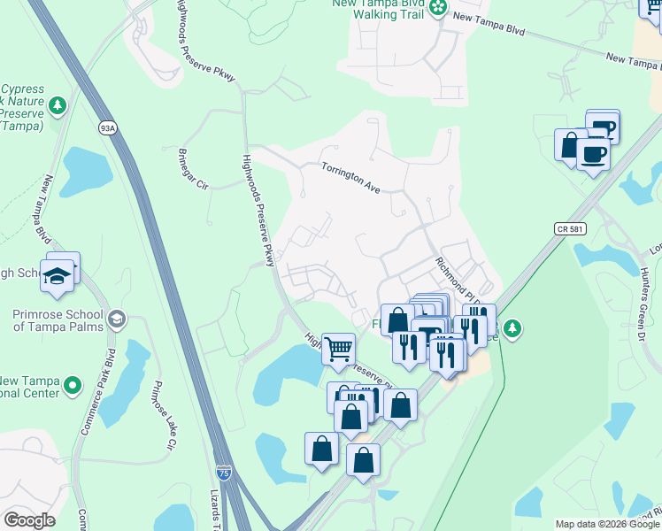 map of restaurants, bars, coffee shops, grocery stores, and more near 18495 Bridle Club Drive in Tampa