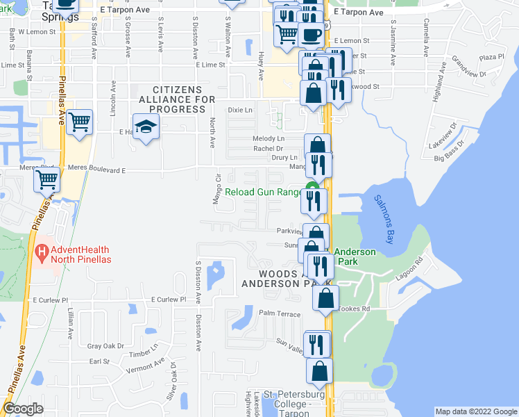 map of restaurants, bars, coffee shops, grocery stores, and more near 160 Skyline Drive in Tarpon Springs
