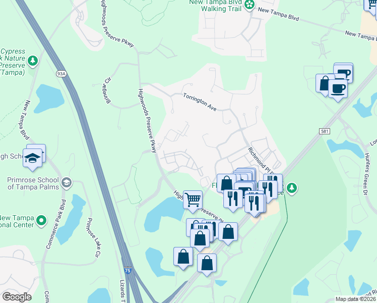 map of restaurants, bars, coffee shops, grocery stores, and more near 18389 Bridle Club Drive in Tampa