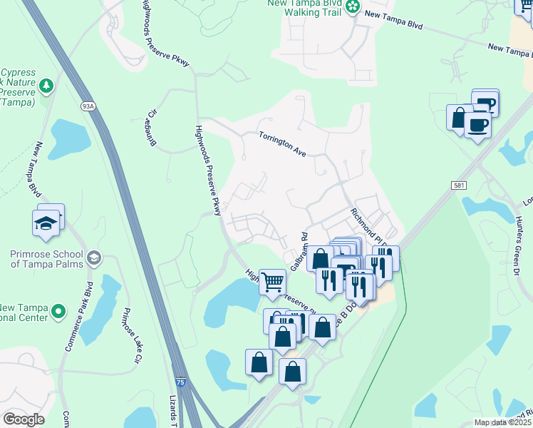 map of restaurants, bars, coffee shops, grocery stores, and more near 18469 Bridle Club Drive in Tampa