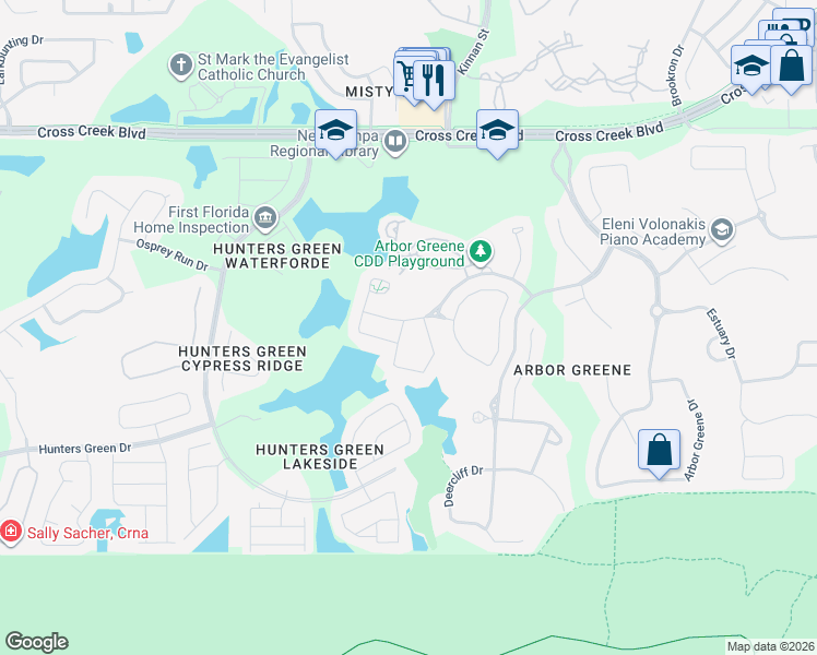 map of restaurants, bars, coffee shops, grocery stores, and more near 10102 Heather Sound Drive in Tampa