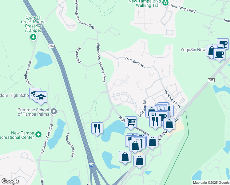 map of restaurants, bars, coffee shops, grocery stores, and more near 18469 Bridle Club Drive in Tampa