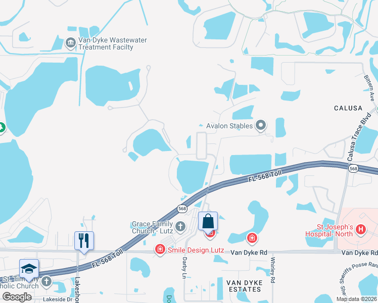 map of restaurants, bars, coffee shops, grocery stores, and more near 5107 Pheasant Woods Drive in Lutz