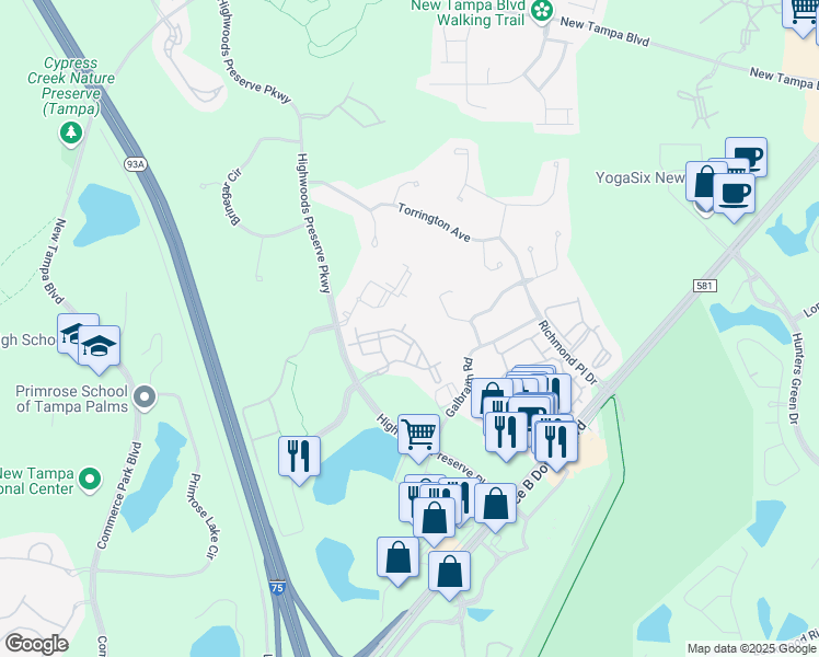 map of restaurants, bars, coffee shops, grocery stores, and more near 18541 Bridle Club Drive in Tampa