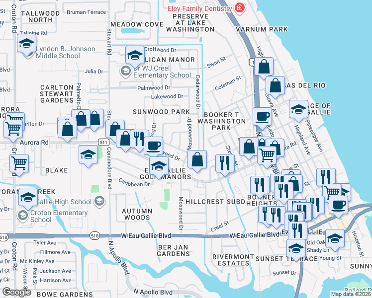map of restaurants, bars, coffee shops, grocery stores, and more near 1750 Mosswood Drive in Melbourne