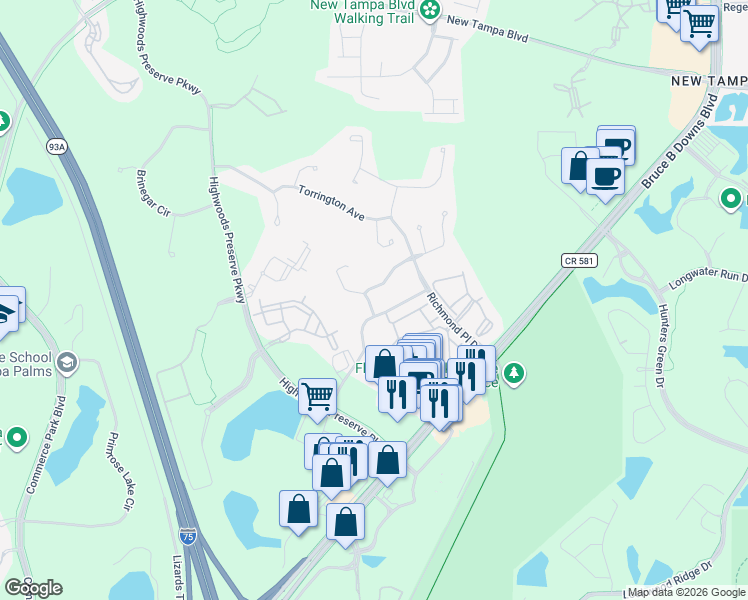 map of restaurants, bars, coffee shops, grocery stores, and more near 18107 Antietam Court in Tampa