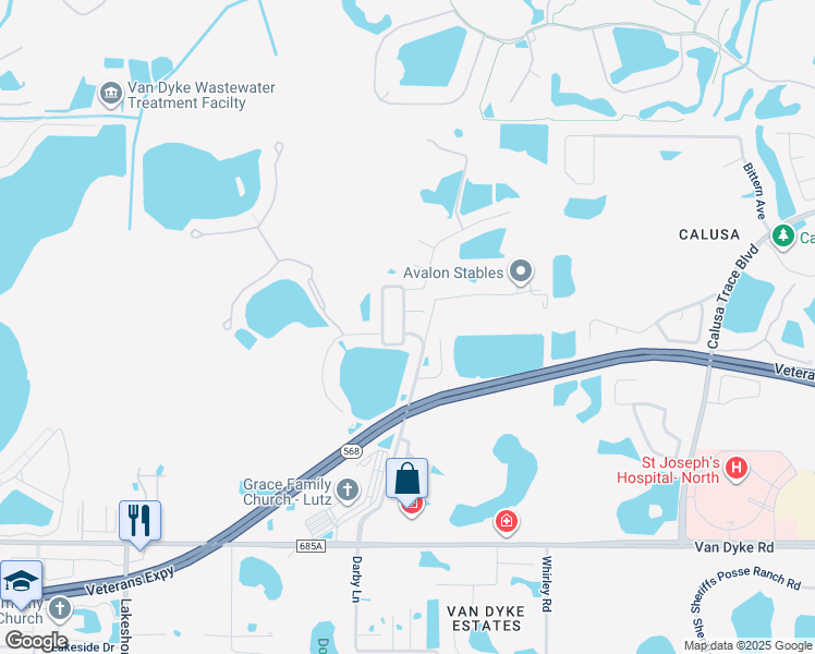 map of restaurants, bars, coffee shops, grocery stores, and more near 18037 Darby Lane in Lutz