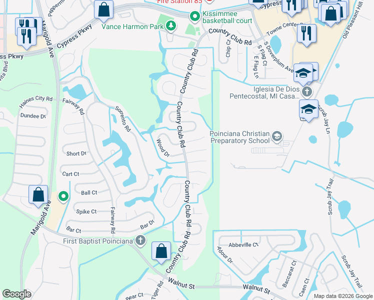 map of restaurants, bars, coffee shops, grocery stores, and more near 701 Wood Lane in Kissimmee