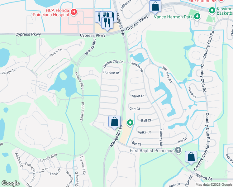 map of restaurants, bars, coffee shops, grocery stores, and more near 333 Edgewood Court in Kissimmee
