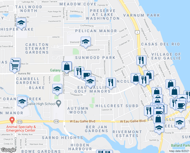 map of restaurants, bars, coffee shops, grocery stores, and more near 1327 Pinewood Drive in Melbourne