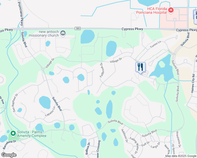 map of restaurants, bars, coffee shops, grocery stores, and more near 3497 Fallbrook Drive in Poinciana