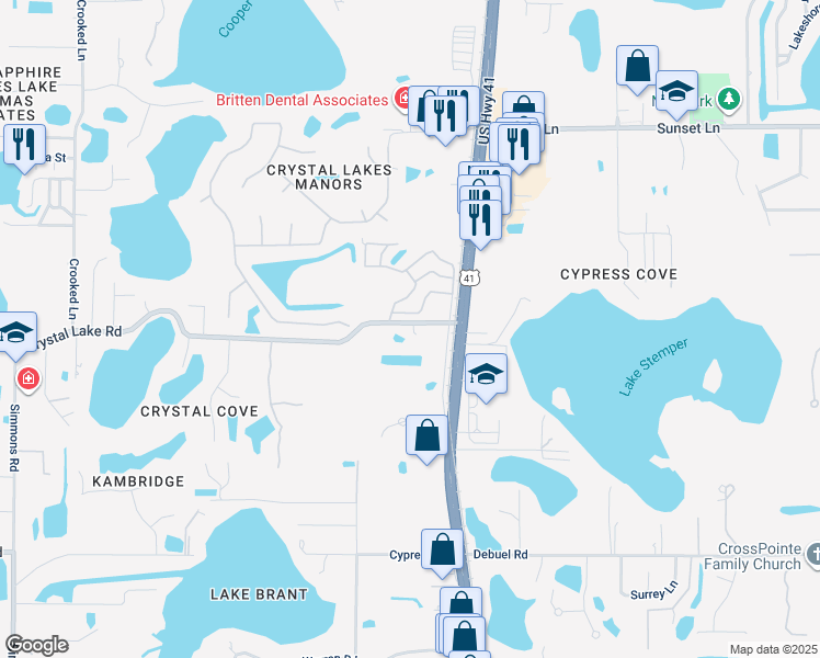 map of restaurants, bars, coffee shops, grocery stores, and more near 210 Crystal Lake Road in Lutz