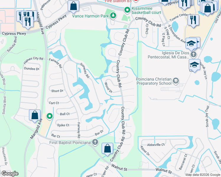 map of restaurants, bars, coffee shops, grocery stores, and more near 630 Wood Drive in Kissimmee