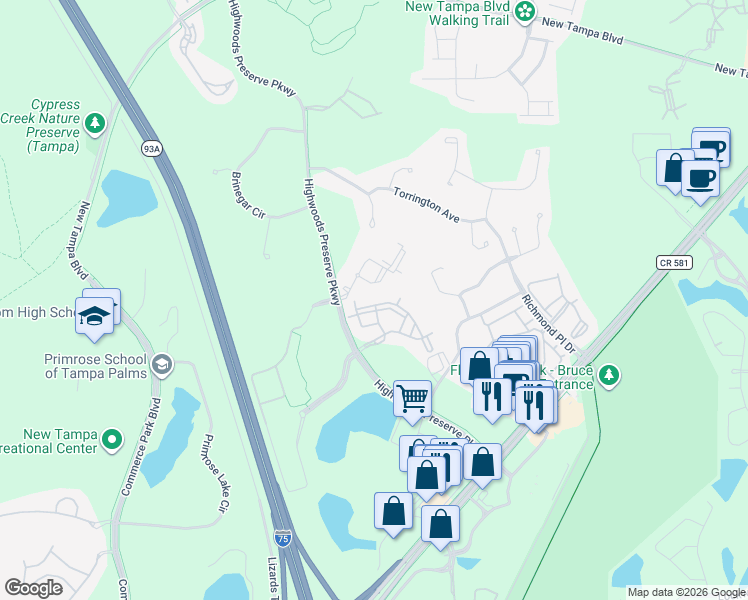 map of restaurants, bars, coffee shops, grocery stores, and more near 18409 Bridle Club Drive in Tampa