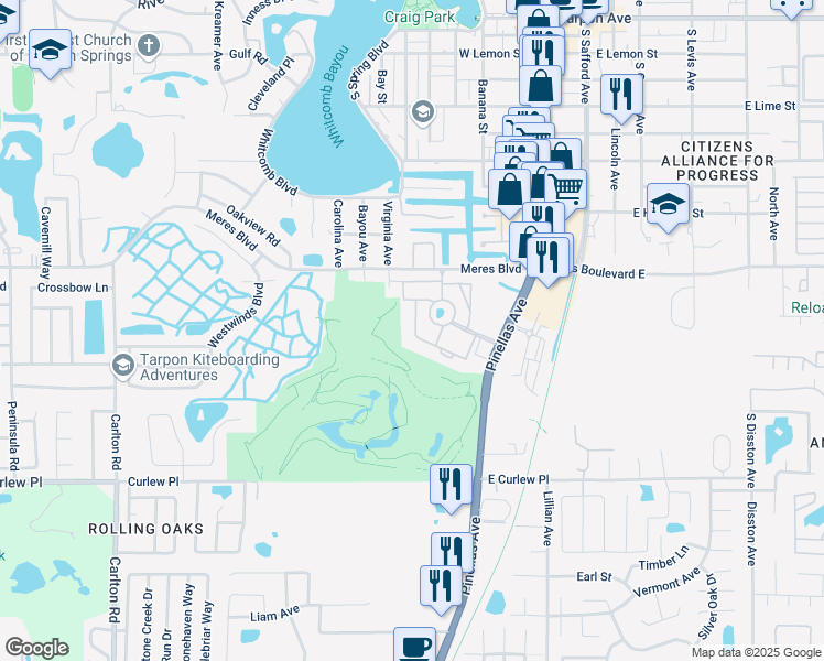 map of restaurants, bars, coffee shops, grocery stores, and more near 2017 Golf View Drive in Tarpon Springs
