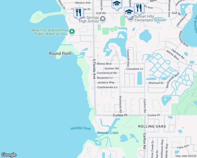 map of restaurants, bars, coffee shops, grocery stores, and more near 1040 Rosetree Lane in Tarpon Springs