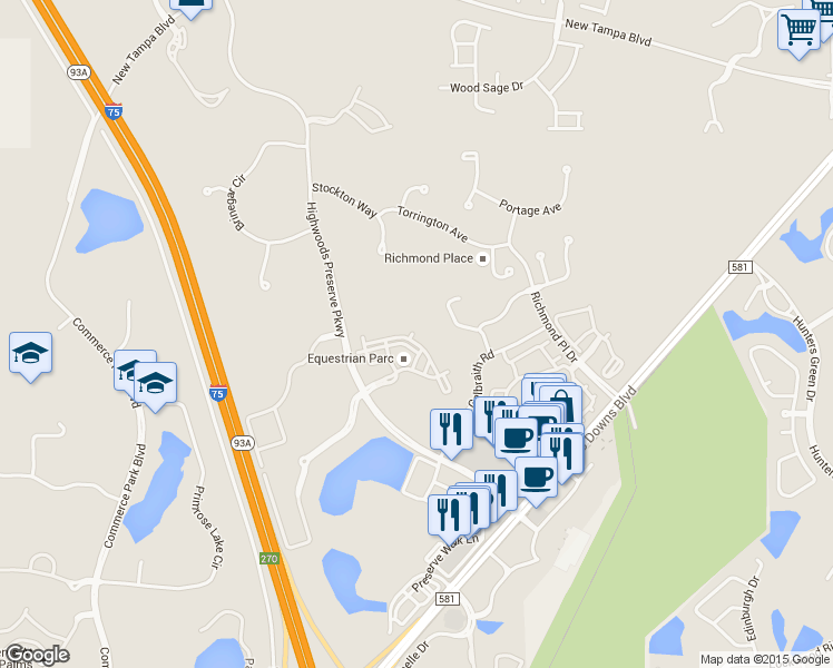 map of restaurants, bars, coffee shops, grocery stores, and more near 18389 Bridle Club Drive in Tampa