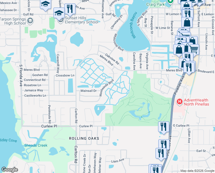 map of restaurants, bars, coffee shops, grocery stores, and more near 905 Westwinds Boulevard in Tarpon Springs