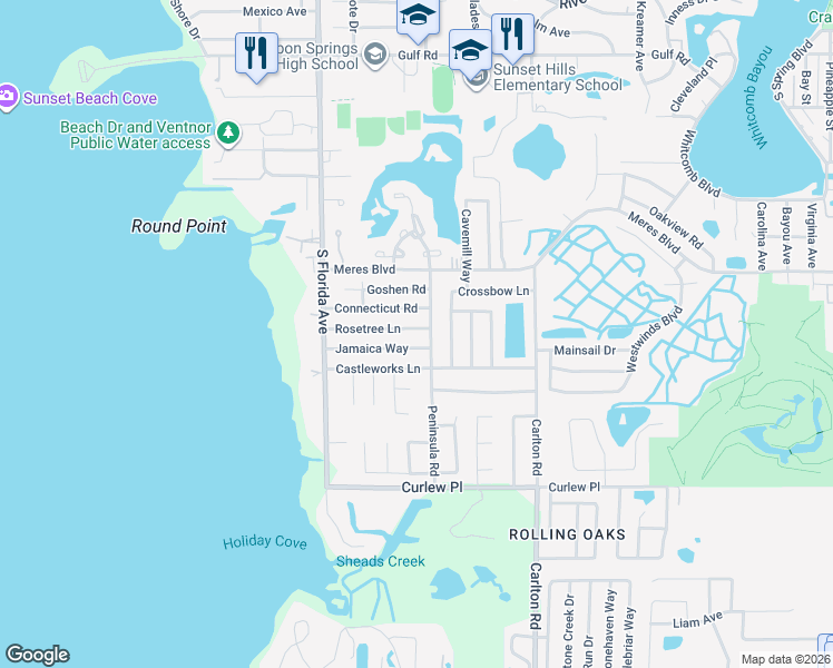 map of restaurants, bars, coffee shops, grocery stores, and more near 1004 Rosetree Lane in Tarpon Springs