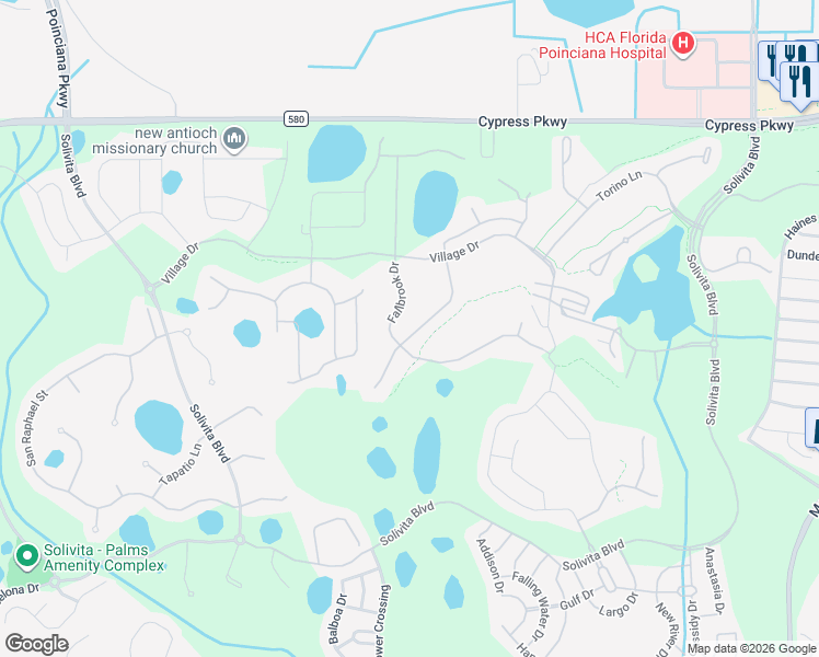 map of restaurants, bars, coffee shops, grocery stores, and more near 2531 Palm Tree Dr in Kissimmee