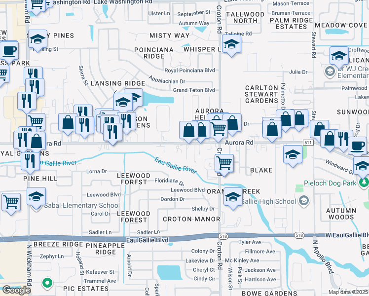 map of restaurants, bars, coffee shops, grocery stores, and more near 2325 Aurora Road in Melbourne