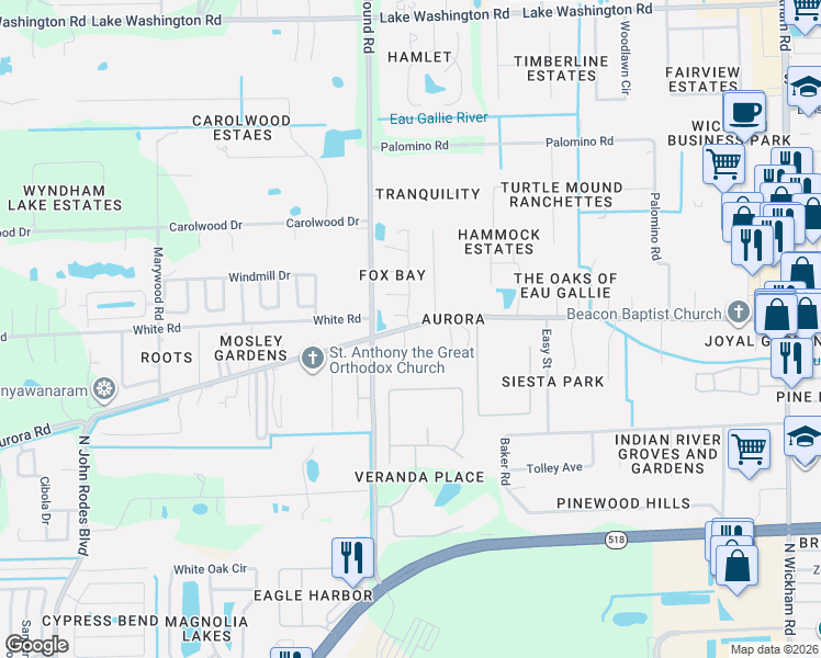 map of restaurants, bars, coffee shops, grocery stores, and more near 3787 County Road 511 in Melbourne