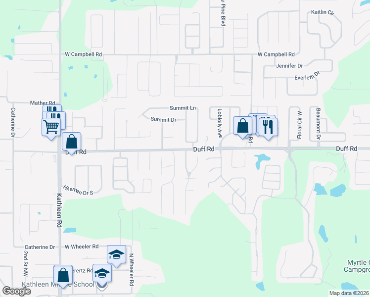 map of restaurants, bars, coffee shops, grocery stores, and more near 3235 Duff Road in Lakeland