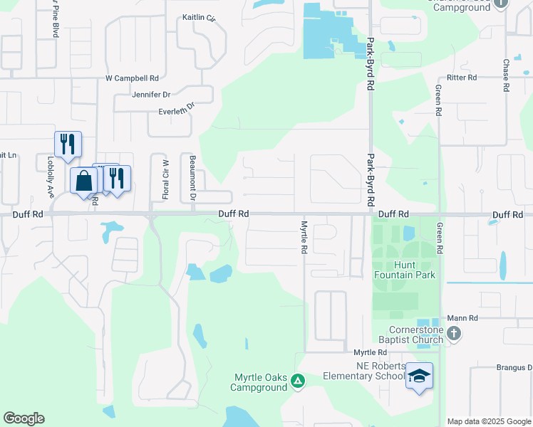 map of restaurants, bars, coffee shops, grocery stores, and more near 2404 Duff Road in Lakeland
